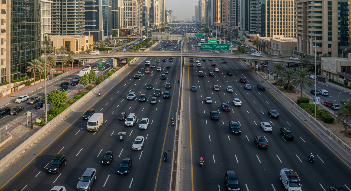 Busy highway in the UAE with various cars showcasing different tyre types.
